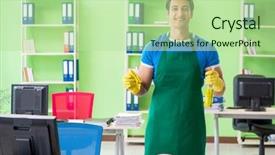  Presentation with professional - PPT layouts enhanced with cleanliness workplace - male handsome professional cleaner working background and a  colored foreground