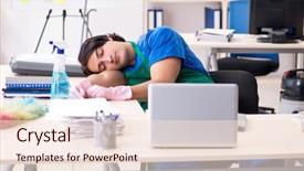  Presentation with professional - Colorful slide set enhanced with cleanliness workplace - male handsome professional cleaner working backdrop and a  colored foreground