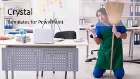  Presentation with professional learning community - Slide deck having cleanliness workplace - male handsome professional cleaner working background and a  colored foreground