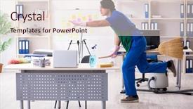  Presentation with professional development education - Amazing slide set having cleanliness workplace - male handsome professional cleaner working backdrop and a  colored foreground