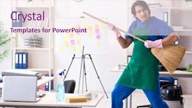  Presentation with professional - Presentation design consisting of cleanliness workplace - male handsome professional cleaner working background and a  colored foreground