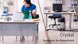  Presentation with professional - Beautiful PPT theme featuring cleanliness workplace - male handsome professional cleaner working backdrop and a  colored foreground