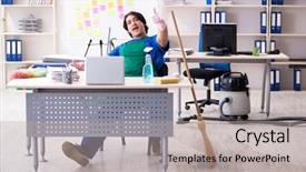  Presentation with professional presntations - Colorful presentation design enhanced with cleanliness workplace - male handsome professional cleaner working backdrop and a  colored foreground