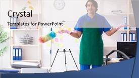  Presentation with professional presntations - Cool new PPT theme with cleanliness workplace - male handsome professional cleaner working backdrop and a  colored foreground
