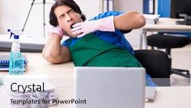  Presentation with professional - Presentation theme featuring cleanliness workplace - male handsome professional cleaner working background and a  colored foreground