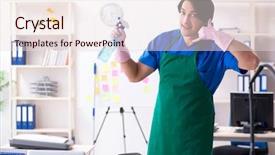  Presentation with collaboration health professional - Presentation featuring cleanliness workplace - male handsome professional cleaner working background and a  colored foreground