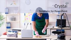  Presentation with professional - Presentation theme enhanced with cleanliness workplace - male handsome professional cleaner working background and a  colored foreground