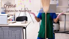  Presentation with professional - Slide deck with cleanliness workplace - male handsome professional cleaner working background and a  colored foreground