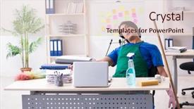  Presentation with professional portfolio - Slide deck having cleanliness workplace - male handsome professional cleaner working background and a  colored foreground