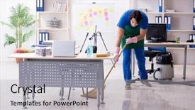  Presentation with professional - Audience pleasing PPT theme consisting of cleanliness workplace - male handsome professional cleaner working backdrop and a  colored foreground