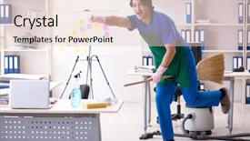  Presentation with professional - Slide set featuring cleanliness workplace - male handsome professional cleaner working background and a lemonade colored foreground