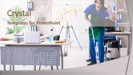  Presentation with professional - Presentation design consisting of cleanliness workplace - male handsome professional cleaner working background and a cream colored foreground