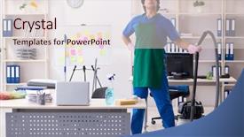  Presentation with professional consultant - Slide deck featuring cleanliness workplace - male handsome professional cleaner working background and a  colored foreground