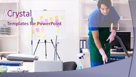  Presentation with professional analog audio - PPT theme consisting of cleanliness workplace - male handsome professional cleaner working background and a  colored foreground