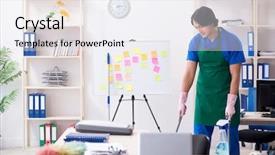  Presentation with cleanliness - Amazing PPT theme having cleanliness workplace - male handsome professional cleaner working backdrop and a sky blue colored foreground