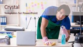  Presentation with cleanliness - PPT theme with cleanliness workplace - male handsome professional cleaner working background and a lemonade colored foreground