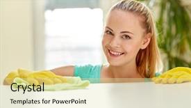  Presentation with workplace housekeeping - PPT theme enhanced with cleanliness workplace - people housework and housekeeping concept background and a  colored foreground