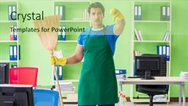  Presentation with floor care and cleaning services - PPT layouts with cleanliness workplace - young male handsome professional cleaner background and a mint green colored foreground