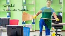  Presentation with professional - Theme featuring cleanliness workplace - young male handsome professional cleaner background and a  colored foreground