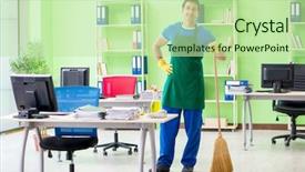  Presentation with floor care and cleaning services - PPT theme featuring cleanliness workplace - young male handsome professional cleaner background and a  colored foreground