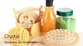  Presentation with cosmetics - Cool new presentation theme with cleanser brush and cosmetics for shower isolated on white backdrop and a yellow colored foreground