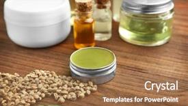  Presentation with hemp - PPT theme consisting of cleansing cream - hemp cosmetic products and seeds background and a coral colored foreground