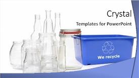  Presentation with recycle plastic - PPT theme enhanced with clear glass jars and bottles and blue plastic disposal bin with white recycle symbol over white background and a white colored foreground