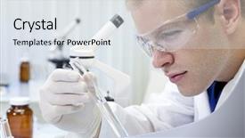  Presentation with scientific research flask pipette - Cool new theme with clear liquid in a laboratory backdrop and a  colored foreground