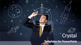  Presentation with space suit - Presentation theme enhanced with clear thinking - young happy businessman in elegant background and a tawny brown colored foreground