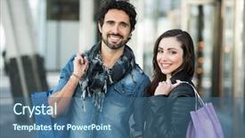  Presentation with five business people standing together and smiling - Theme having clearance - smiling couple shopping together background and a ocean colored foreground