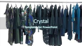  Presentation with clothes - Slide deck consisting of clearance sale - designer clothes lined up hangers background and a tawny brown colored foreground