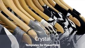  Presentation with clothing wooden clothes hanger object - Cool new presentation theme with clearance sale - fashion clothes hangers backdrop and a dark gray colored foreground