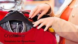  Presentation with clothing wooden clothes hanger object - Slide set having clearance sale - woman choosing clothes on clothes background and a crimson colored foreground