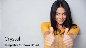  Presentation with gray - Colorful presentation theme enhanced with cleavage - happy beautiful woman showing thumbs backdrop and a light gray colored foreground