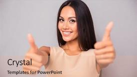  Presentation with gray - Amazing slide deck having cleavage - portrait of a smiling woman backdrop and a coral colored foreground