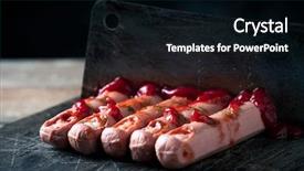  Presentation with scary - Amazing theme having closeup of some scary hotdogs in the shape of bloody fingers cut with a cleaver on a rustic chopping board backdrop and a black colored foreground