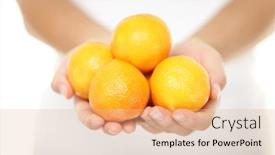  Presentation with mandarin fruits - Slide deck enhanced with clementine clementines that are a variety of mandarin oranges citrus fruits woman showing handful shot in studio with shallow depth of field isolated on white background background and a lemonade colored foreground