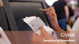  Presentation with credit card icon - Beautiful PPT layouts featuring clerk - close up of bill backdrop and a coral colored foreground