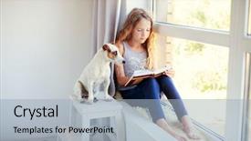  Presentation with girl reading - Beautiful PPT layouts featuring clever - child reading book at home backdrop and a light blue colored foreground
