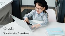  Presentation with front desk - PPT theme enhanced with clever-casual-schoolgirl-in-eyeglasses background and a light gray colored foreground