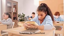  Presentation with classmates - Presentation theme enhanced with clever-cute-schoolgirl-reading-book background and a coral colored foreground