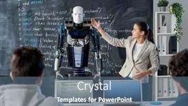  Presentation with classmates - Beautiful PPT theme featuring clever-girl-standing-by-blackboard backdrop and a ocean colored foreground