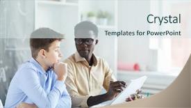  Presentation with teacher - Cool new presentation theme with clever schoolboy commenting his essay backdrop and a sky blue colored foreground