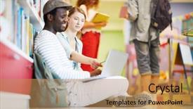  Presentation with student healhty - Amazing presentation design having clever student pointing at laptop backdrop and a coral colored foreground