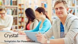  Presentation with college - Slide set consisting of clever student with touchpad sitting in college library background and a lemonade colored foreground