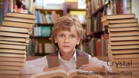  Presentation with children books - Presentation design featuring clever-suprised-schoolboy-in-neat background and a coral colored foreground