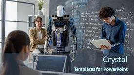  Presentation with robot - PPT theme having clever-teenage-guy-with-laptop background and a ocean colored foreground