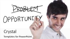  Presentation with opportunity - Colorful slide set enhanced with cliche - happy young businessman turning backdrop and a white colored foreground