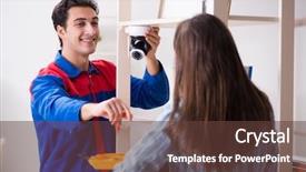  Presentation with electrical surveillance cctv security camera - Slide set having client getting securty camera installed background and a  colored foreground