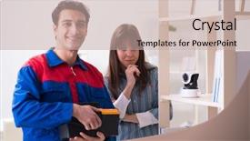  Presentation with home security camera - Audience pleasing presentation design consisting of client getting securty camera installed backdrop and a  colored foreground